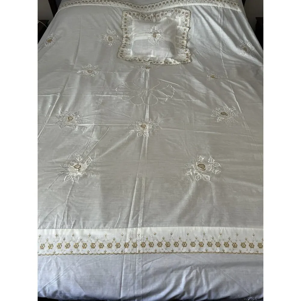 Antique Cotton Bed & Pillow Cover Gold Lace Embroidered 78 X 86 Bed Sheet Duvet